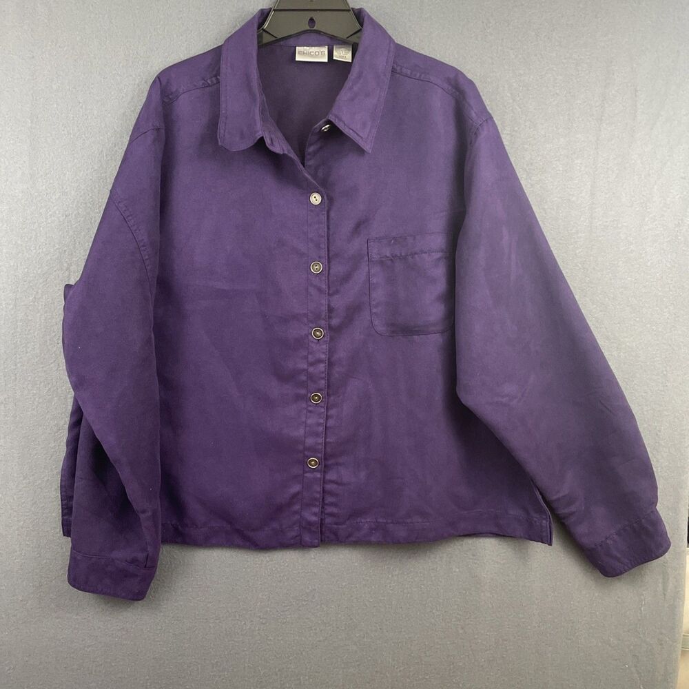 Women's Chico's Purple Button Up Top Size 3 Faux Suede Jacket Cover Crop